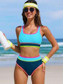 popvil 女士运动风撞色拼接露背比基尼套装，适合夏季度假海滩 - 藏蓝色 - 查看 5