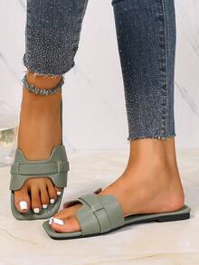 Ximi Ruo New Spring/Summer Fashion Casual Strap Slide Sandals, Comfortable Flat Heel Round Toe Beach Slippers, Holiday Essential - Olive Green - View 4