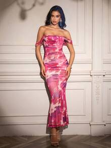 PARTHEA Vestido largo ajustado con volantes y bajo de cola de sirena con hombros descubiertos - Rosa Roja - Ver 7