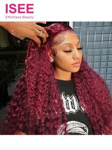 ISEE Half Wig ISEE 99J Burgundy Color Pre-Styled Human Hair Glueless Wigs Upgrade 3 IN 1 Half Wig With Drawstring Seamless Clip Ins Flip Over Kinky Curly Human Hair No Glue No Lace For Women 180% Density 14-28 Inch - S99J - View 2