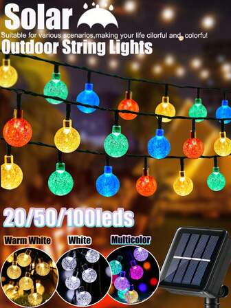 1pc Outdoor Solar String Lights, Solar Fairy Lights Waterproof 8 Modes, 20leds,50leds,100leds Crystal Ball Light String Patio Lights For Garden, Lawn, Yard,Porch, Gazebo, Wedding Party Decor,Christmas, Halloween, New Year And Holiday Decoration