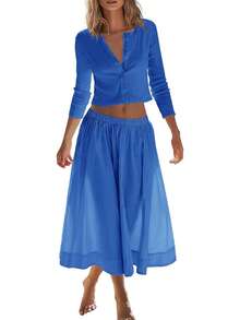 Women's 2 Piece Lounge Set Matching Outfit Vacation Ribbed Button Down Cardigan Elastic Waist Skirt Set - Klein Blue - View 5