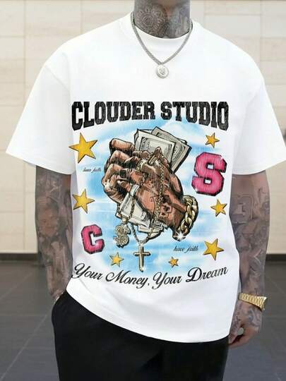 Camiseta de manga corta con caída de hombros para hombre con impresión divertida de letra y pentágrama