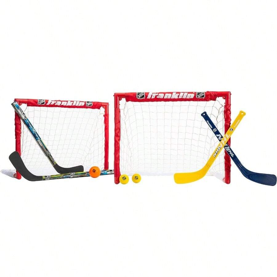 Franklin Sports -  Folding Hockey Goals Set - 2 Street Hockey and Knee Hockey Goals - (2) Adjustable Youth Hockey Sticks (2) Knee Hockey Sticks (2) Mini Hockey Balls + (1) Street Hockey Ball - Multicolor - Ver 1