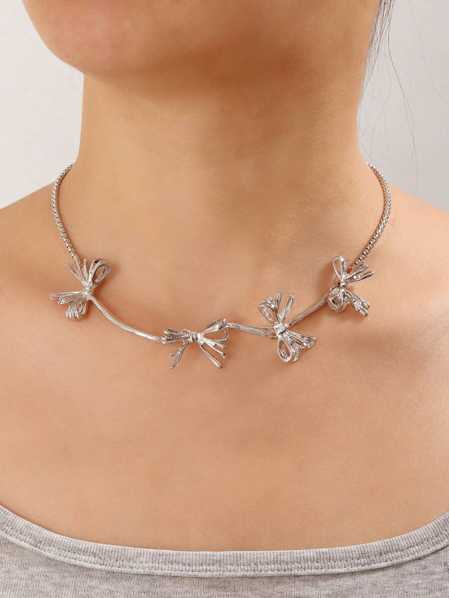 Bộ 1 dây chuyền và vòng cổ nơ trang trí sáng tạo, thiết kế độc đáo, phong cách thanh lịch, phù hợp cho trang phục hàng ngày và du lịch của phụ nữ. - Bạc 12 - Xem 1