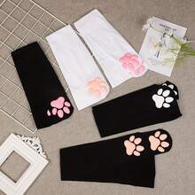Women's 56cm (22in) Adorable Cat's Paw Print Knee Socks - Pink Paw And White Calf, Elastic Fit For Themed Parties, Cosplay And Winter Warmth - Hand Wash Only (Costume) - 白色 - 查看 3
