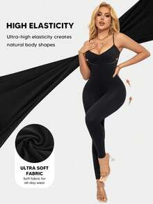 Women's Spaghetti Strap Jumpsuit, Low Back Tummy Control Shapewear Leggings - Black - View 4