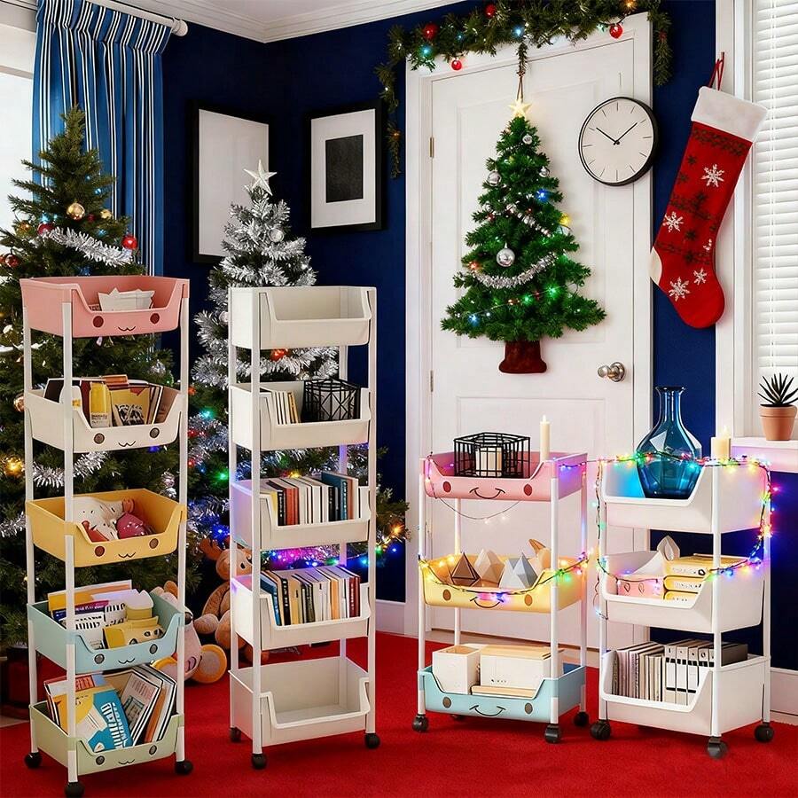 3/5-Tier Combination Mobile Rack - Rolling Storage Cart, White/Macaron Color Plastic Storage Boxes With ABS Frame, Suitable For Living Room, Bedroom, Dorm - Space-Saving Mobile Rack For Beauty And Personal Care Products, Ideal Christmas/Halloween/Thanksgiving Gift