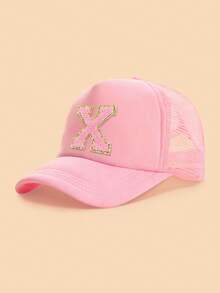 1pc Gold Trim Pink Towel Letter 26 Alphabet Children Baseball Cap, Fashionable Versatile Breathable Trucker Hat, Suitable For Girls Back To School Season Daily Outings Sun Protection - Pink - View 24