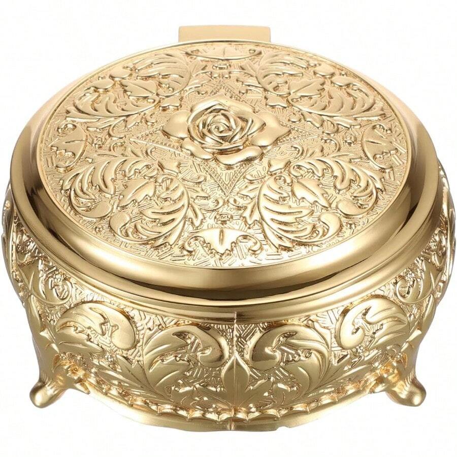 Vintage Metal Jewelry Box Different Shape- Small Antique Ring Earrings Necklace Storage Organizer Case Metal Treasure Chest Trinket Keepsake Gift Box - Gold - View 1