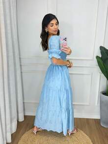 Elegant Luxury Long Dress With Embroidered Cotton And Short Sleeves. - 淺藍色 - 查看 3