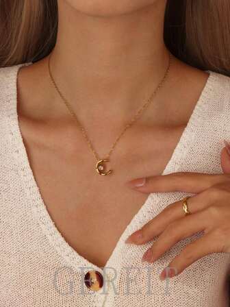 GEREIT 2 Parçalı Minimalist 18 Ayar Altın Kaplama Paslanmaz Çelik C Şekilli Zirkon Taşlı Kolye ve Yüzük Seti, Kadınlar İçin Uygun, Günlük Kullanım veya Hediye