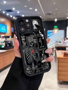 Estuche para teléfono con patrón de arte de esqueleto Compatible con estuches para teléfonos   17  16 Pro Max  15 Pro Max  13 y  12 Estuche protector de TPU grueso Resistente al agua, a caídas y a rayones Un gran regalo para familiares, amigos, seres queridos, novios/novias y para Halloween - Negro - Ver 1