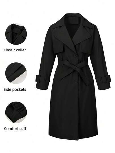 Women's Minimalist Long Windbreaker, Suitable For Spring And Autumn, With Belt And Pockets, Versatile For Various Occasions Black