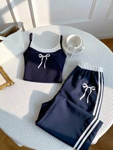 女童时尚休闲新款两件套，蝴蝶结印花，吊带上衣搭配侧条纹裤，适合夏季户外活动、日常聚会、旅行等。 - 寶藍色 - 查看 2