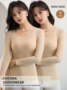 2pcs Set Solid Color Seamless Ultra-Thin Thermal Underwear Autumn And Winter Long Sleeve Round Neck Tops Women's Casual Wear And Underwear - Apricot - View 2