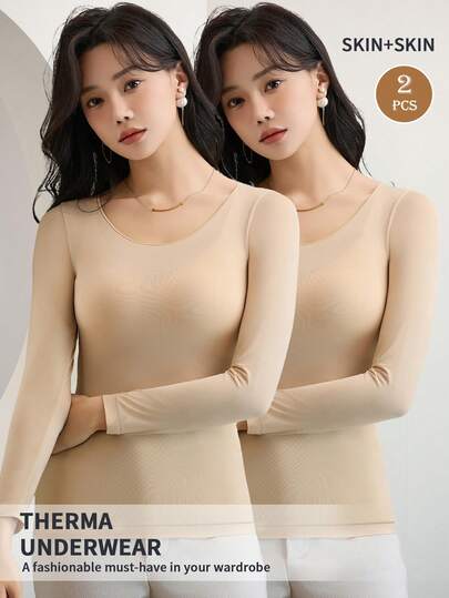 2pcs Set Solid Color Seamless Ultra-Thin Thermal Underwear Autumn And Winter Long Sleeve Round Neck Tops Women's Casual Wear And Underwear
