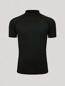 男士半高领跑步衫，吸湿排汗，速干，透气，凉爽运动T恤 - 黑色 - 查看 6