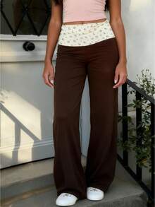 Women's Lightweight Soft Lounge Pants Floral Print Fold Over Waist Wide Leg Trousers For Vacation Home - Màu nâu - Xem 2