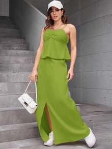 REF: AS1448 Women's Two-Piece Suit, High-Waisted Skirt And Suspender Top With Adjustable Straps, Chic, Elegant And Modern Style, Casual And Sophisticated Look For Spring And Summer, Vibrant Colors, Elegant Women's Suit For Modern Women - 綠色 - 查看 6