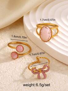 3pcs/Set Stainless Steel Fashionable Pink Geometric Oval & Round Bow Tie Ring Set, Suitable For Women Everyday Wear - Multicolor - View 3