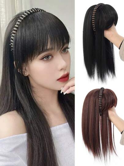 一体式防滑合成假发，带刘海发箍，女士适用，遮盖发际线和白发，自然隐形超薄刘海假发发箍，发带，发圈，合成直刘海和发片，发饰，女士发箍