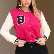 Women's Bomber Jacket, College Style, Blogger Style, Winter Coat, Stylish Sweatshirt. - Hot Pink - View 5