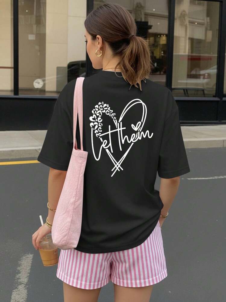 Let Them&Love 印花宽松女式短袖T恤，适合春节、中国新年、马年、新年、情人节等节日穿着。 - 黑色 - 查看 3
