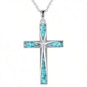 Turquoise Cross Pendant Necklace - Punk Style Silver Plated Zinc Alloy With Turquoise Mosaic - Daily Wear St. Patrick's Day Jewelry Accessory