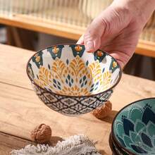 6 件 4.72 英寸釉面陶瓷碗套装，波西米亚风格陶瓷碗，麦片碗，汤碗，甜点碗，沙拉碗，饭碗，适用于洗碗机/烤箱/微波炉，多功能厨房和餐厅用具，学校用品 - 彩色 - 查看 4