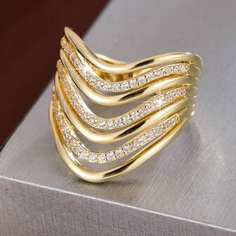 1 pieza Anillo de mujer de moda con diseño geométrico de líneas y formas multicapa, incrustado con circonita cúbica, regalo casual