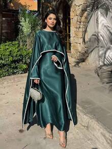 2pcs Satin Pearl Shawl & Dress Set, Flare Sleeve Pearl Chain Dress Suit, Elegant Luxury, Suitable For Party & Festival, Middle Eastern Style Shawl Dress Set Spring - Dark Green - View 2