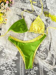 女士新款可爱黄色碎花双面绿色比基尼套装，深V领系带露背泳衣 - 彩色 - 查看 4