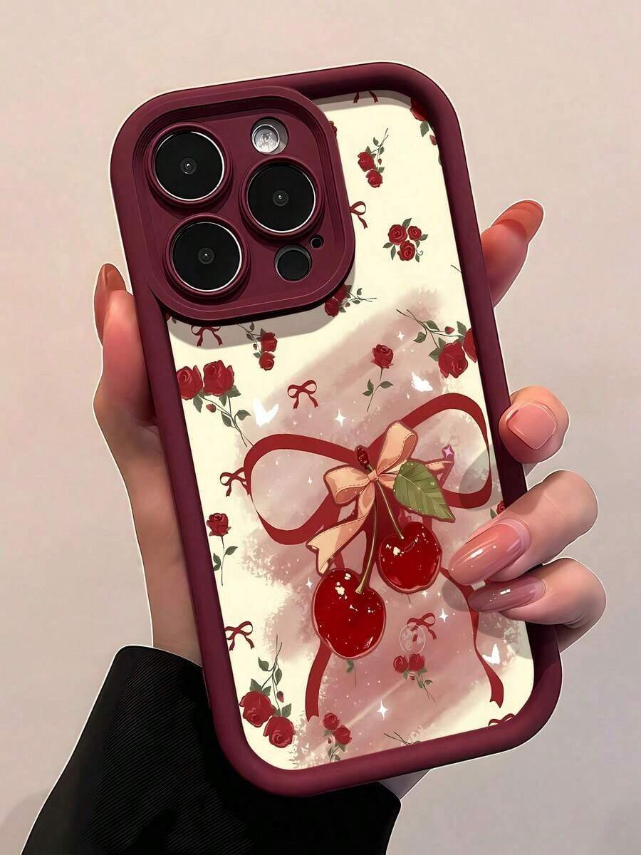 Funda para teléfono con diseño de lazo de cereza, compatible con teléfonos , 16 Pro Max, 15 Pro Max, 13 y 12. Fabricada en TPU, es impermeable, resistente a golpes y arañazos, ideal como regalo de Navidad para familiares, amigos, seres queridos o parejas. - Burdeos - Ver 1