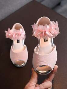 Kids Peep-Toe Princess Sandals, New Summer Girls Sandals With Pearl Flower, Fashionable Soft Bottom Flat Sandals - Pink - View 5