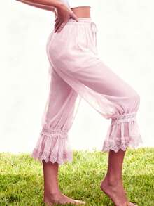 Women Long Bloomer Pants Lace Patchwork Drawstring Elastic Waist Victorian Capri Pants Lounge Pettipants - Rosa - Ver 2