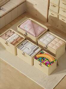 Foldable Storage Box With Zipper And Handle, Apricot Yellow Storage Box Made Of Polyester And Linen, Square Shaped With Lid, Sturdy And Versatile, Can Store Clothes, Toys And Other Items, Decorative Fabric, Bedroom Decor, Edging, Storage, Jeans