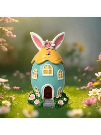 1个树脂卡通兔子复活节彩蛋屋装饰品，适合节日装饰、家居装饰、复活节礼物，盒装包装。