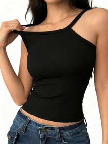 Women's Solid Color Fitted Cropped Camisole - Black - View 5