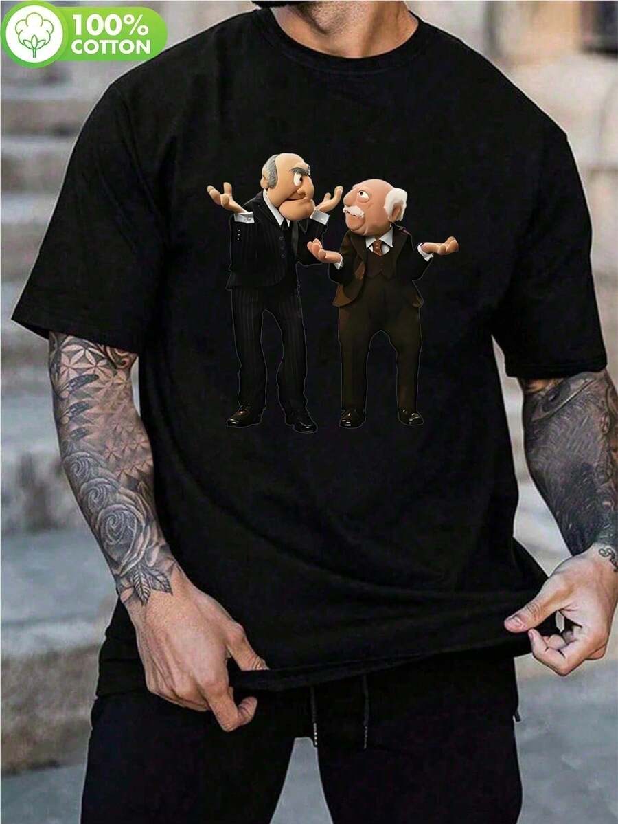 Camiseta Gráfica de The Muppets Statler & Waldorf para Hombre - Cuello Redondo , Tejido Suave Lavable a Máquina para Estilo Casual y Fiestas Teatrales, Ideal para Adultos y Fans de Los Muppets, Camisa Divertida con Impresión Duradera, Manga Corta - Negro - Ver 1