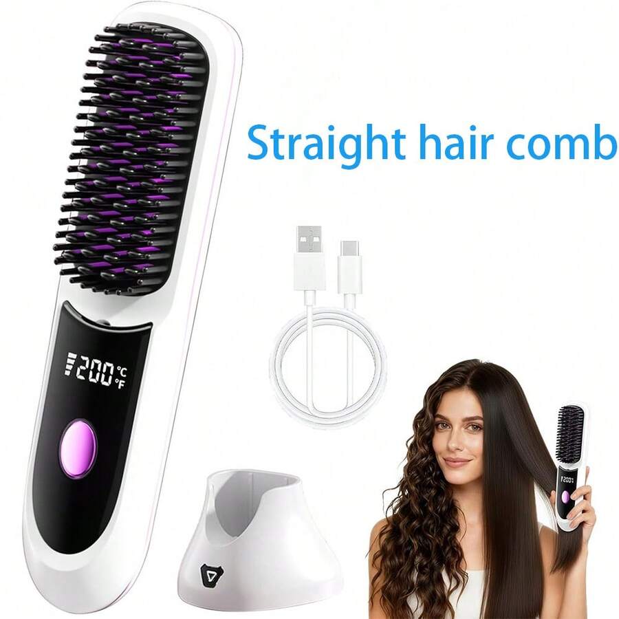 Straightening/Curling Comb, Cordless Hair Straightener With Charging Base, Fast Heating, Rechargeable Portable Hair Straightener - White - View 1