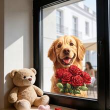 1/2pcs Romantic Golden Retriever Window Sticker Static Cling Decal Dog Holding Red Roses Bouquet Valentine's Day Decoration For Home Glass Door Shop Display Waterproof Removable PVC Wall Art Room Decor Lover Gift - Multicolor - View 5