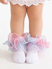 1 Pair Kids/Children Colorful Ruffle Flower Mid-Calf Socks, Versatile For School Uniform - White - View 5