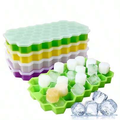 5pcs Random Color Silicone Honeycomb Ice Tray With Cover Creative Stackable 37-Cell Ice Box Easy To Demould Ice Tray Cube Mold,Silicone Honeycomb Ice Cube Mold,Suitable For Kitchen, Restaurant, Party Supplies