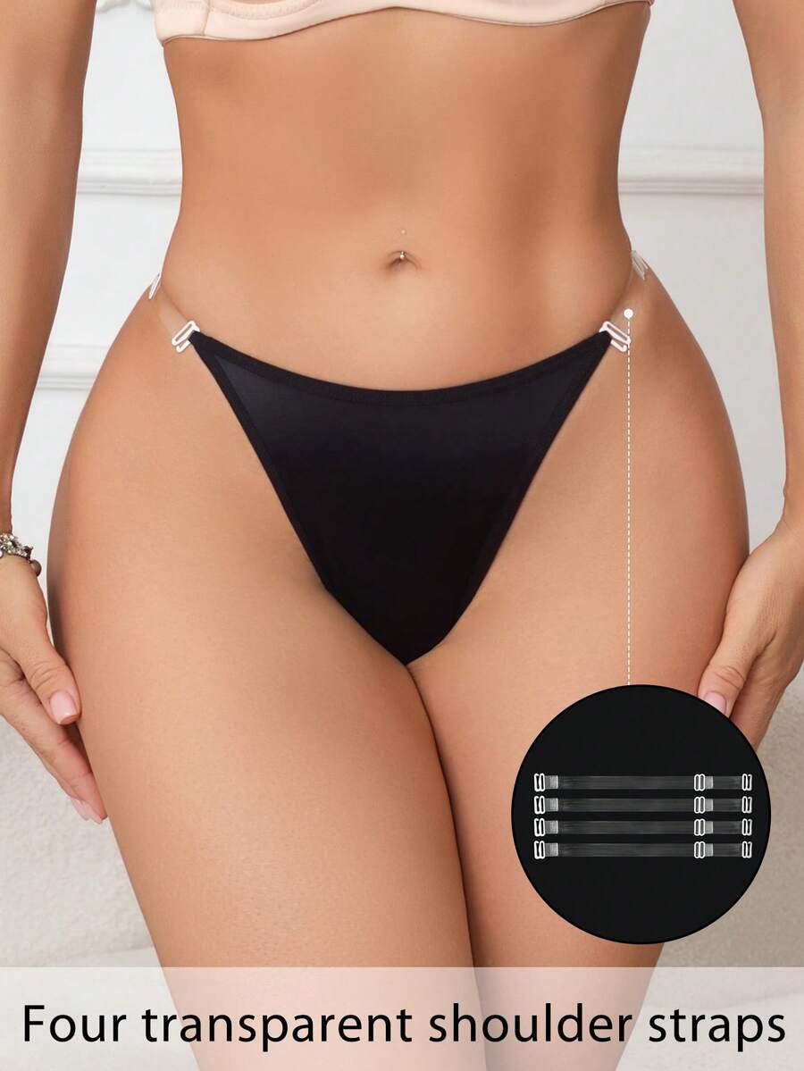 Women's Fashion Minimalist Transparent Seamless Thong Panty (Adjustable Straps) - Black - View 1