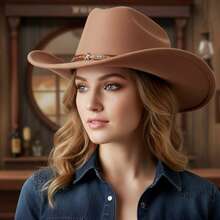 Western Style Cowgirl Cap Stylish Pentagram Leather Belt Decorated Wide Brimmed Fedora Hat For Men Women Outdoor Wear - 淺棕色 - 查看 5