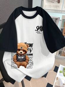青少年/男童泰迪熊字母印花黑白短袖T恤，插肩袖设计，新款春夏童装 - 黑色 - 查看 1