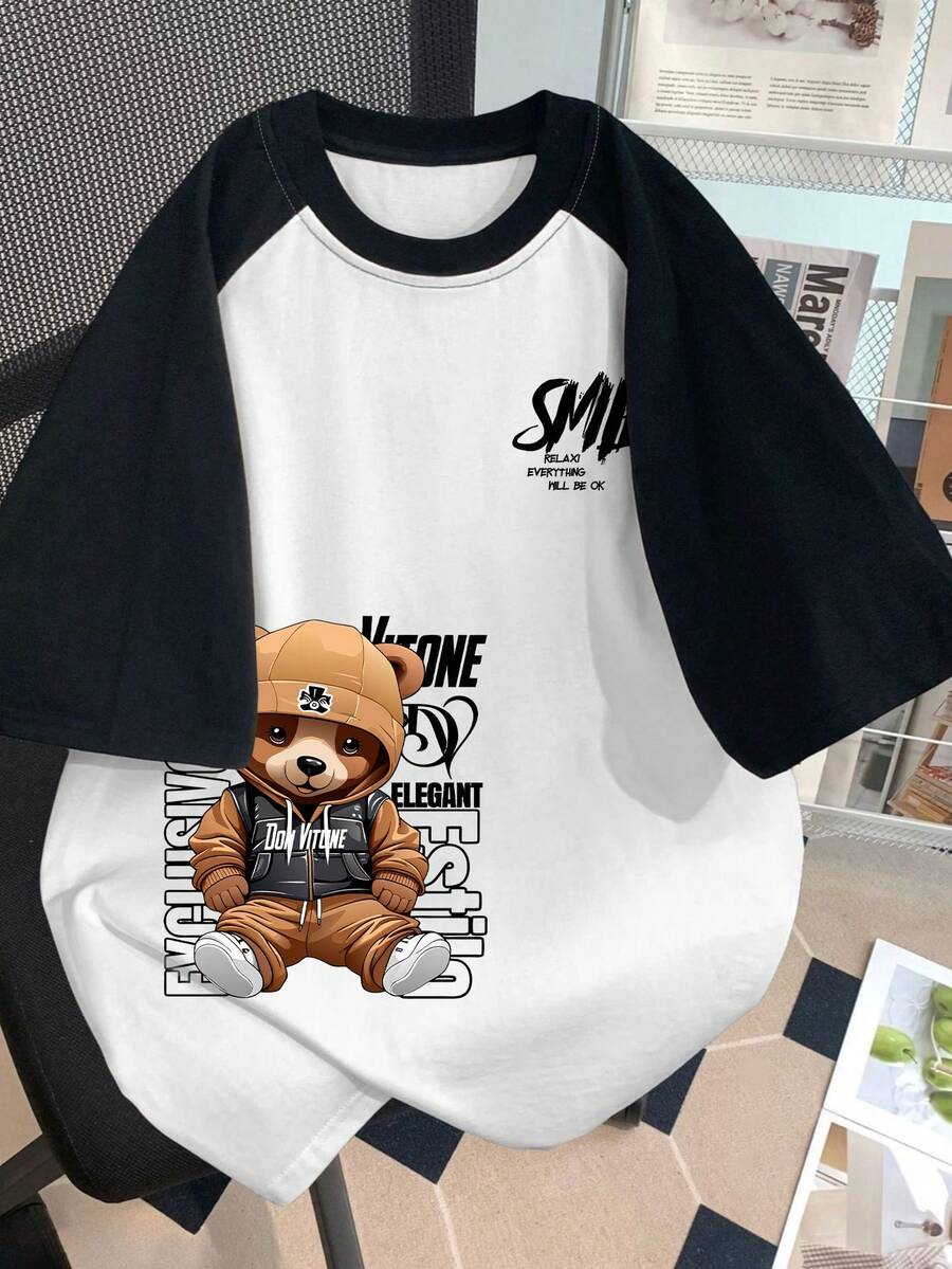 青少年/男童泰迪熊字母印花黑白短袖T恤，插肩袖设计，新款春夏童装 - 黑色 - 查看 1