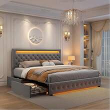 GEGOFORU Queen LED Bed Frame With 4 Storage Drawers, RGBW Smart Lights In Headboard & Footboard, Adjustable Upholstered Headboard, No Box Spring Needed - 絲絨灰 - 查看 10