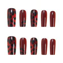 A Box Of 24 Pieces, Red Gradual Change Smudge Black Leopard Print Spots Glossy French White Fake Nails - 紅色 - 查看 4
